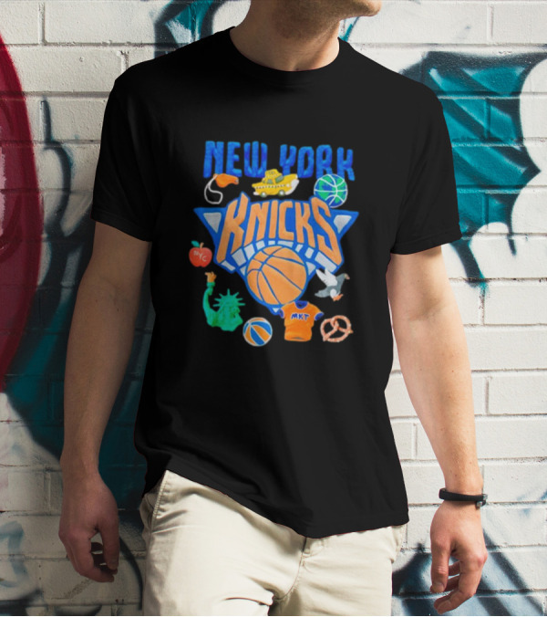 New York Knicks NBA Basketball Claymation NYC Statue Liberty Apple Pizza Taxi Pretzel Pigeon T-Shirt