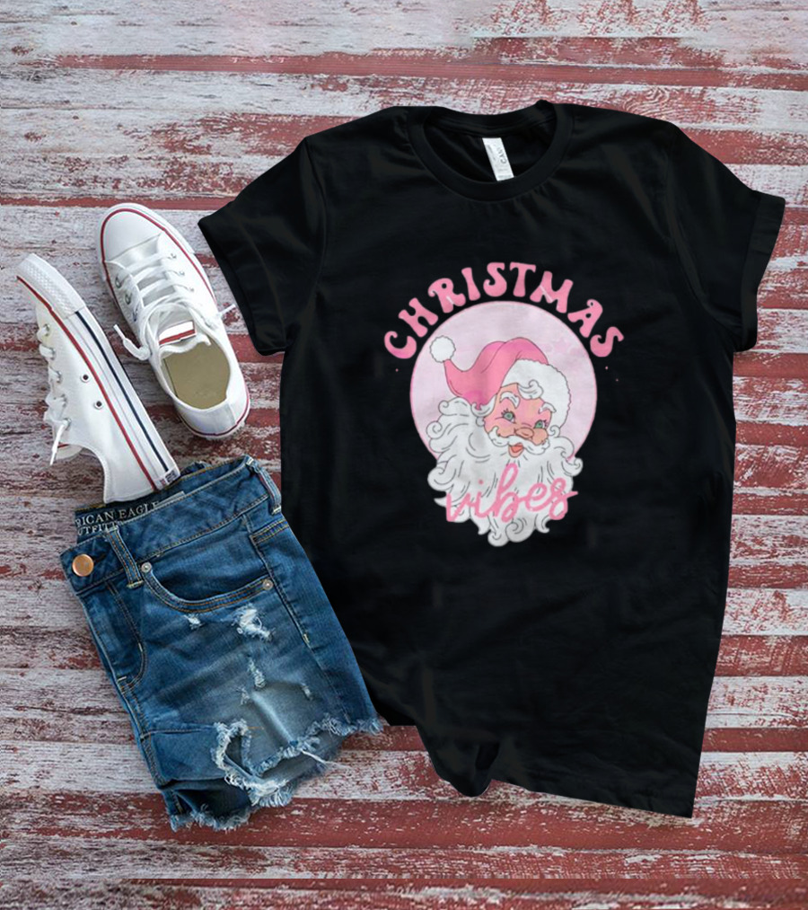 Christmas Vibes Santa Claus Pink Background T-Shirt
