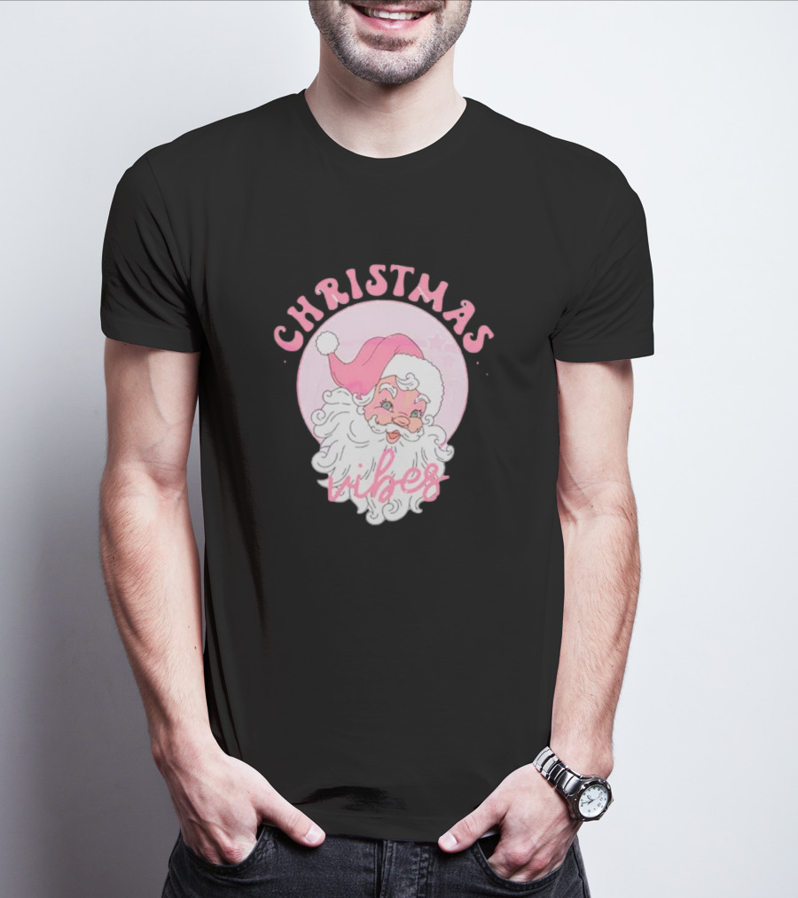 Christmas Vibes Santa Claus Pink Background T-Shirt