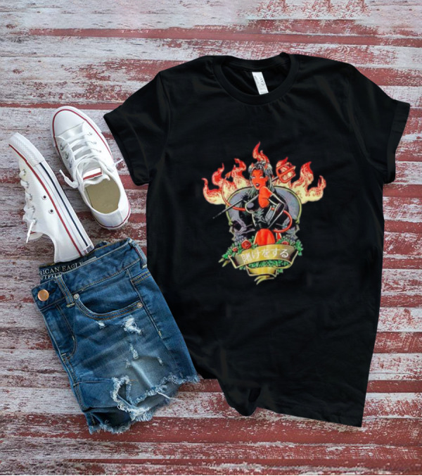 Devil Babe Racing In Flames With Japanese Text And Skull Elements T-Shirt