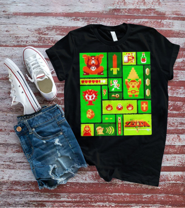 Legend Of Zelda Pixel Art Collage Retro Gaming Icons T-Shirt