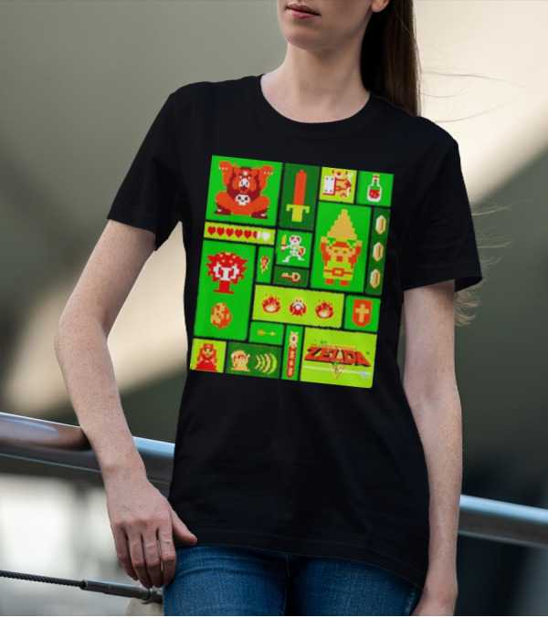 Legend Of Zelda Pixel Art Collage Retro Gaming Icons T-Shirt