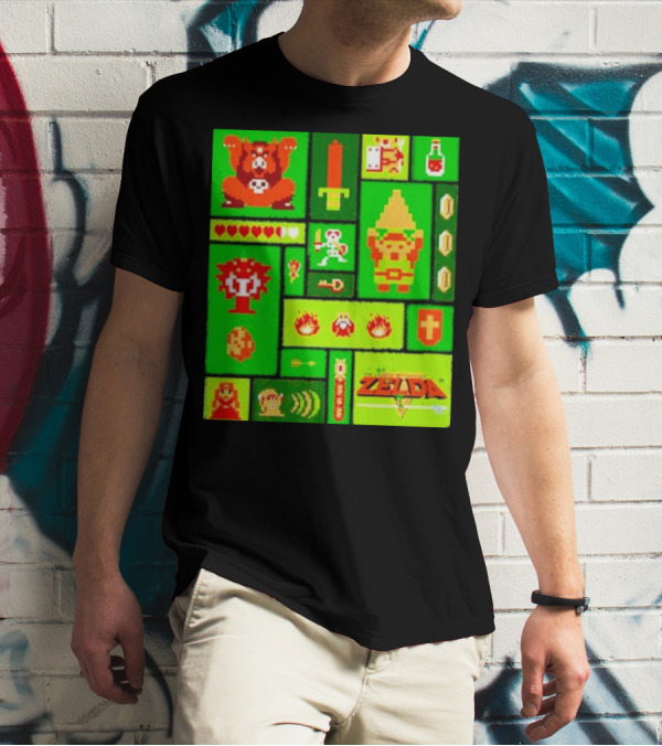 Legend Of Zelda Pixel Art Collage Retro Gaming Icons T-Shirt