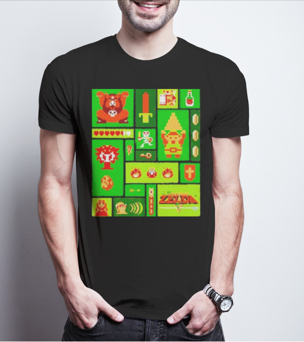 Legend Of Zelda Pixel Art Collage Retro Gaming Icons T-Shirt