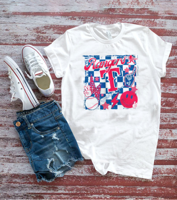 Rangers T Large Checkerboard Stars Baseball Smiley Lightning Peace T-Shirt
