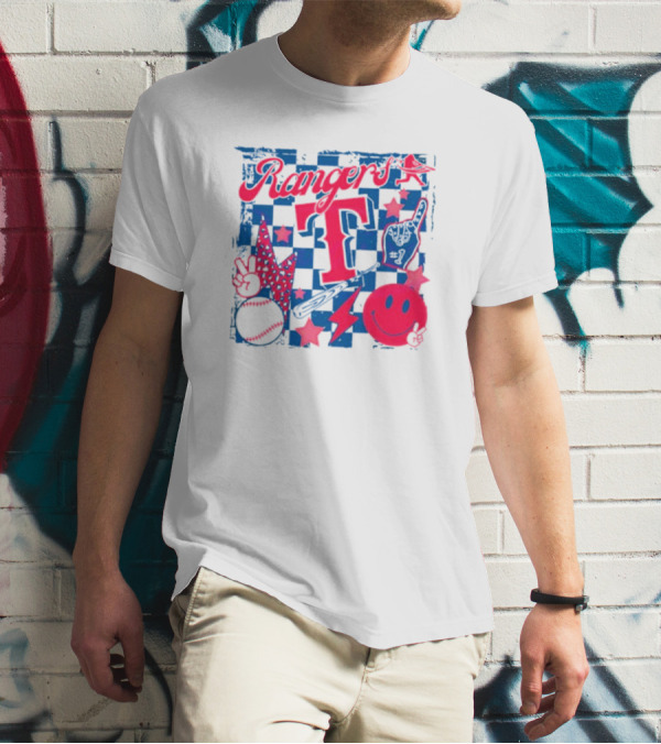 Rangers T Large Checkerboard Stars Baseball Smiley Lightning Peace T-Shirt