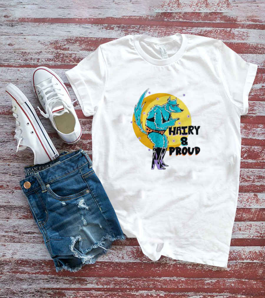 Wofl Hairy And Proud: Blue Wolf Character With Moon Background And Stars T-Shirt