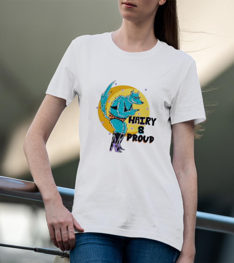 Wofl Hairy And Proud: Blue Wolf Character With Moon Background And Stars T-Shirt