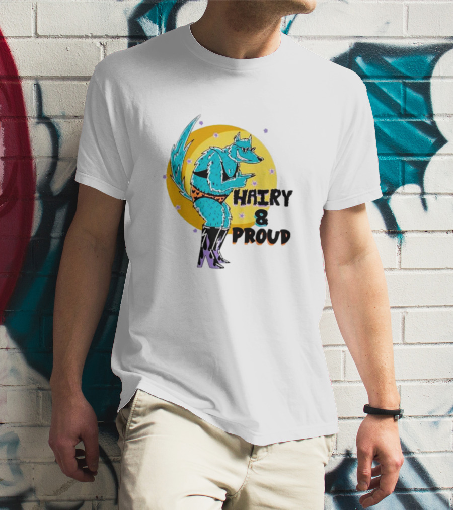 Wofl Hairy And Proud: Blue Wolf Character With Moon Background And Stars T-Shirt
