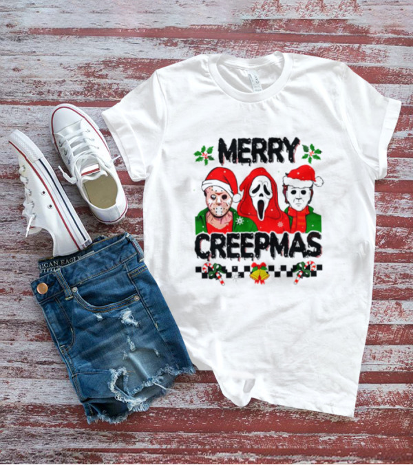 Merry Creepmas Horror Characters With Festive Scary Holiday T-Shirt