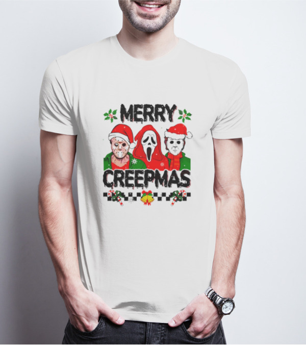 Merry Creepmas Horror Characters With Festive Scary Holiday T-Shirt