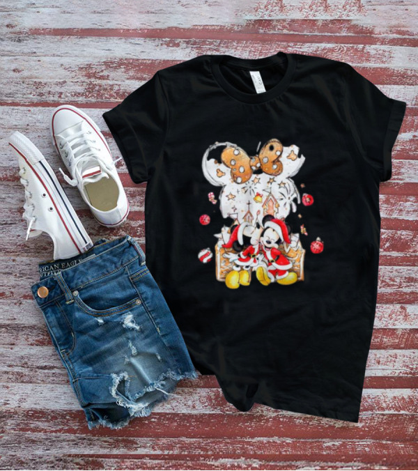 Mickey And Minnie Christmas Castle Gingerbread Mouse Ears Holiday Scene T-Shirt