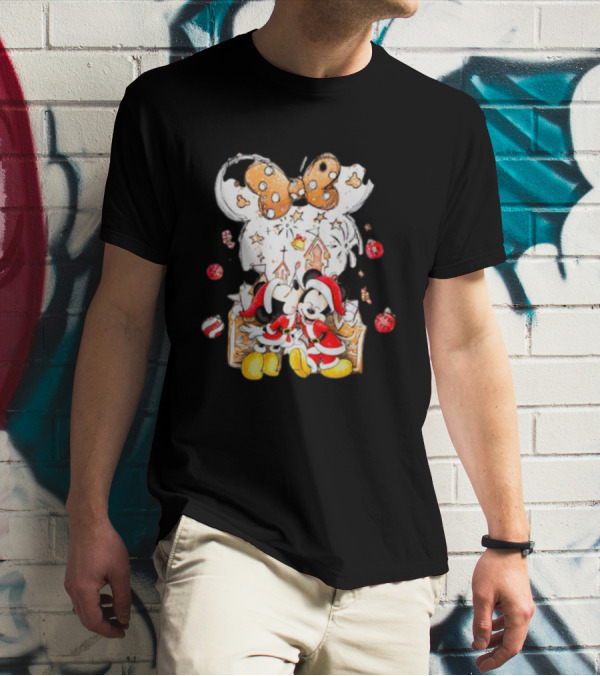 Mickey And Minnie Christmas Castle Gingerbread Mouse Ears Holiday Scene T-Shirt