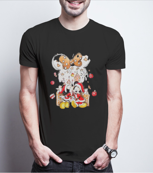 Mickey And Minnie Christmas Castle Gingerbread Mouse Ears Holiday Scene T-Shirt