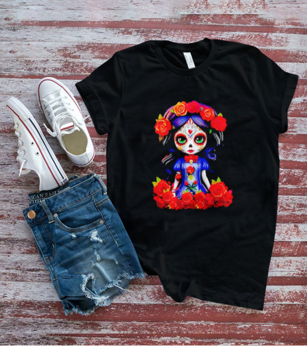 Women LA Catrina Day Of The Dead Floral Rose Adorned T-Shirt