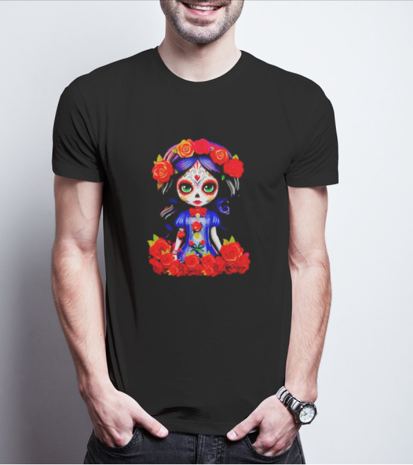 Women LA Catrina Day Of The Dead Floral Rose Adorned T-Shirt