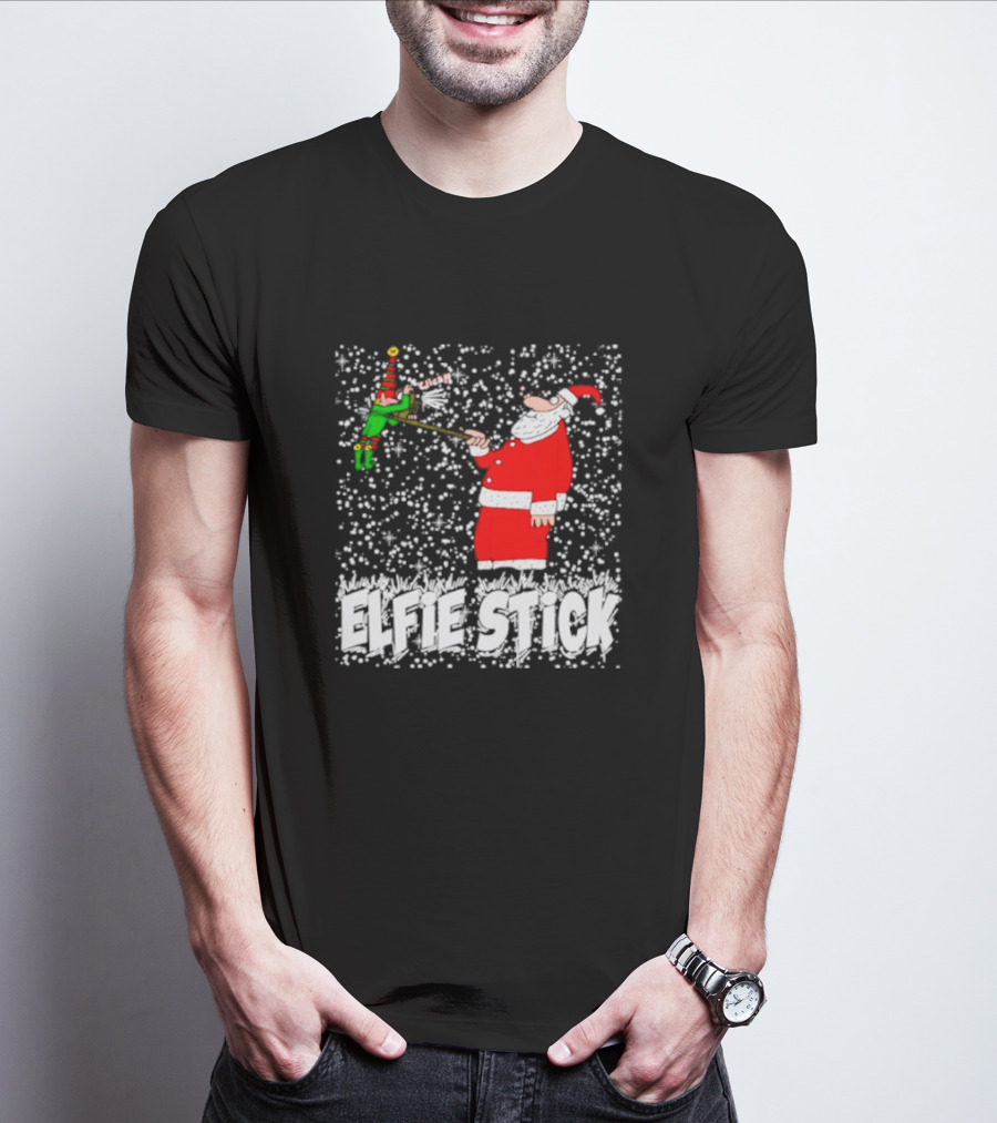 Santa Claus Elfie Stick Funny Christmas Selfie Snowflakes T-Shirt