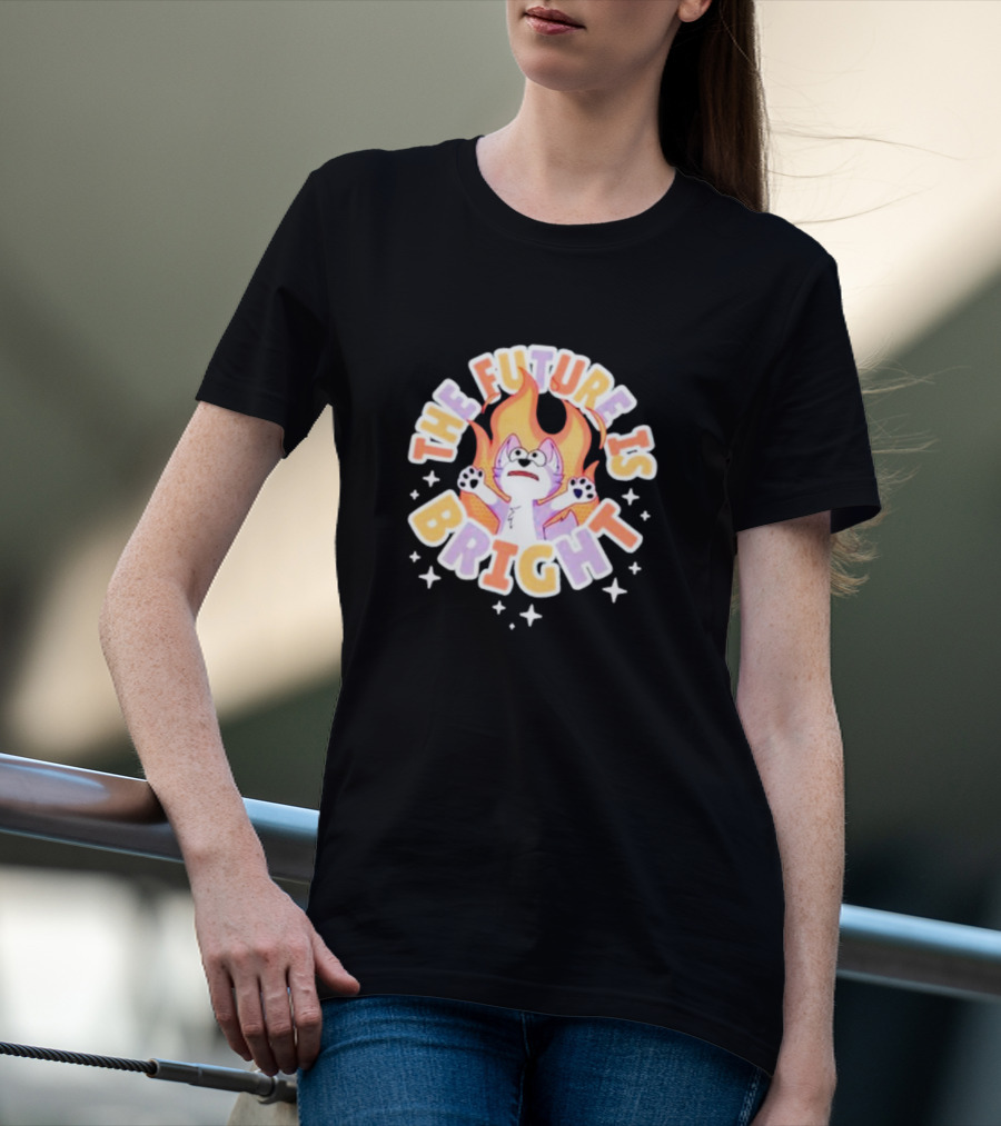 The Future Is Bright Flaming Cartoon Cat With Stars And Flames T-Shirt