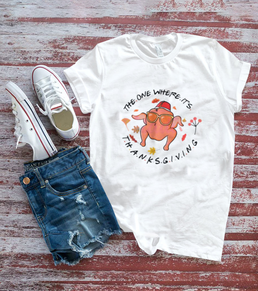 Thanksgiving Friends Turkey In Sunglasses With Fez Hat And Autumn Leaves T-Shirt