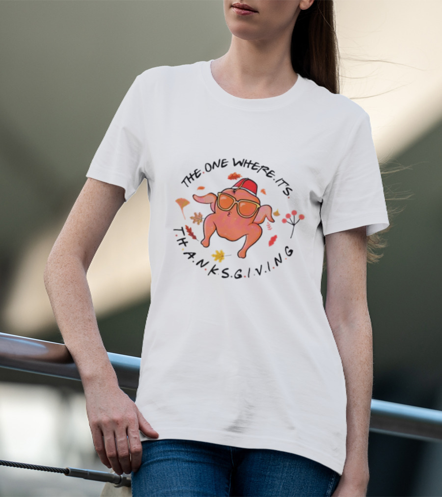 Thanksgiving Friends Turkey In Sunglasses With Fez Hat And Autumn Leaves T-Shirt