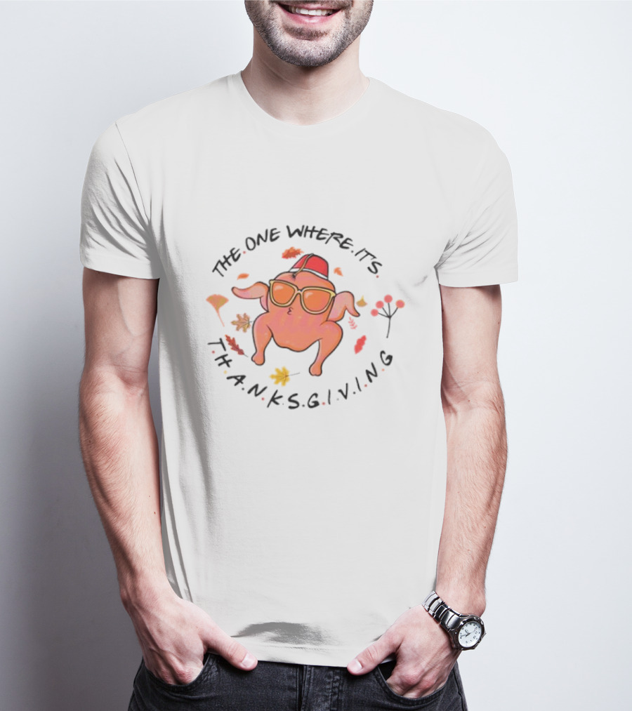 Thanksgiving Friends Turkey In Sunglasses With Fez Hat And Autumn Leaves T-Shirt
