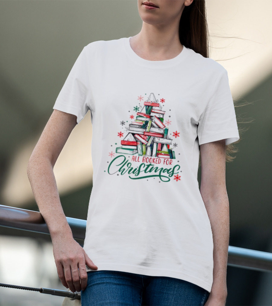 All Booked For Christmas Cute Bookworm Christmas Tree With Books T-Shirt