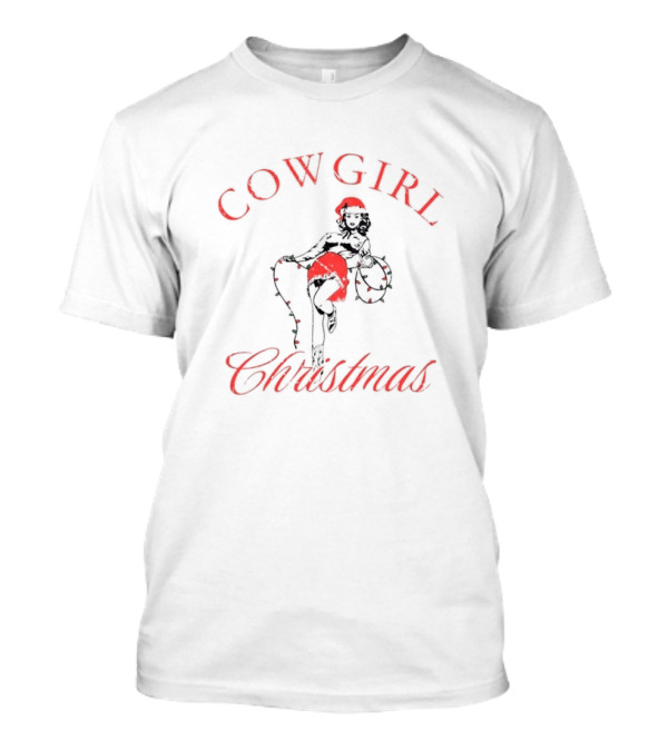 Cowgirl Christmas Santa Hat Festive Lights Retro Pin-Up T-Shirt