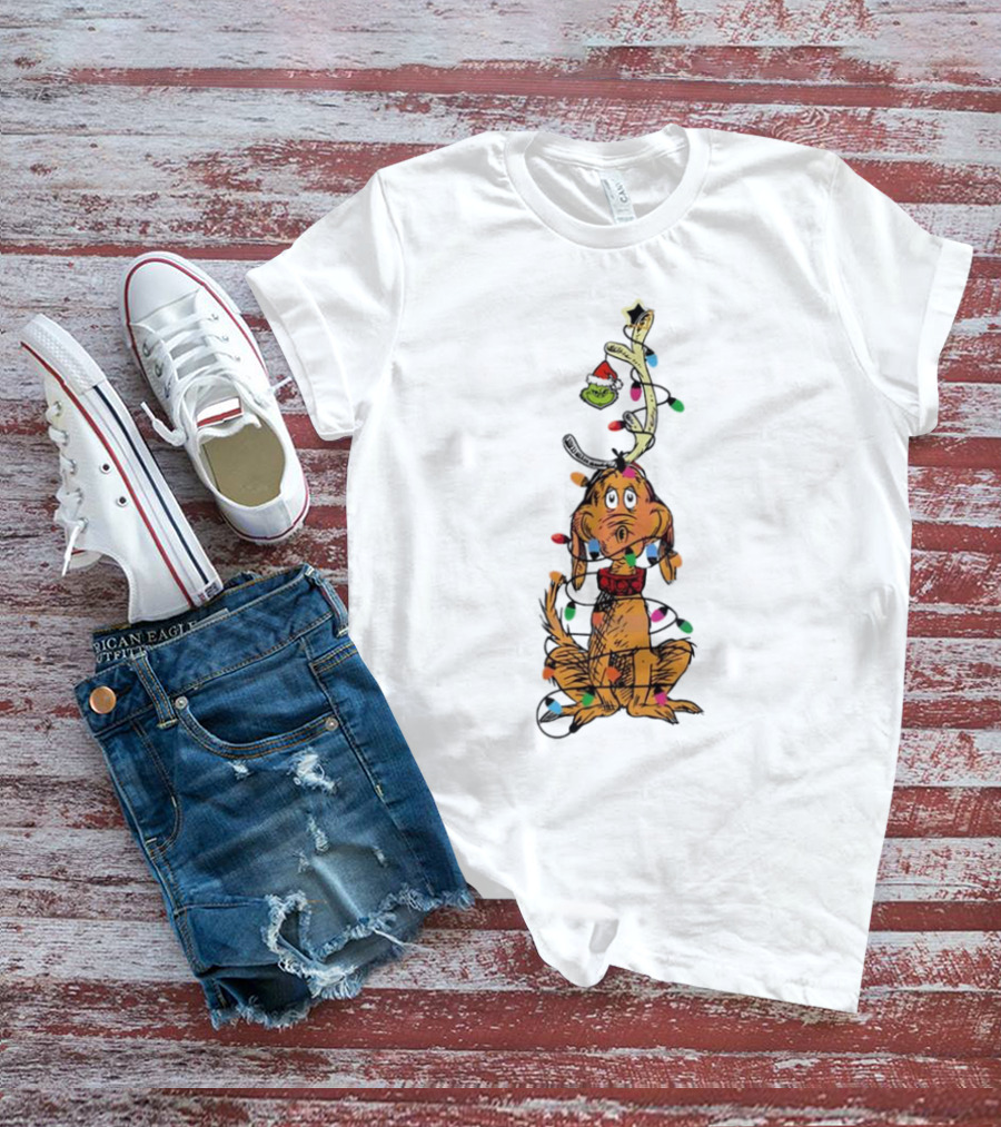 Funny Grinch Christmas Lights With Dog Wrapped In Colorful String Of Lights T-Shirt