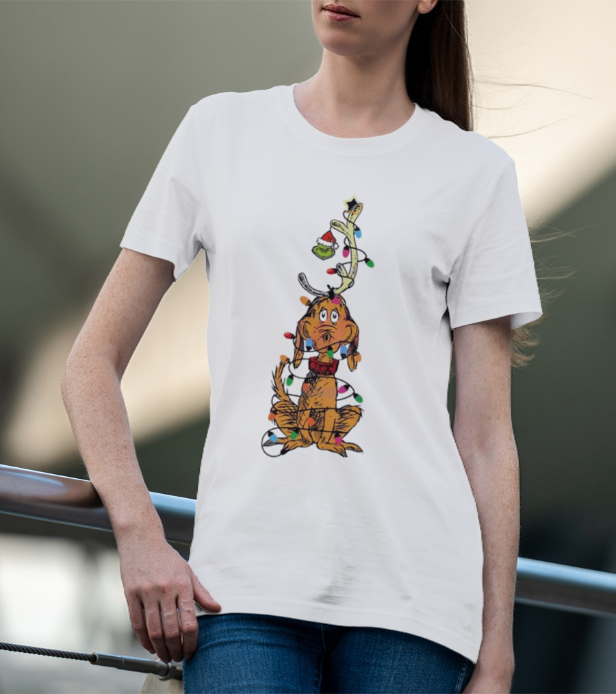 Funny Grinch Christmas Lights With Dog Wrapped In Colorful String Of Lights T-Shirt
