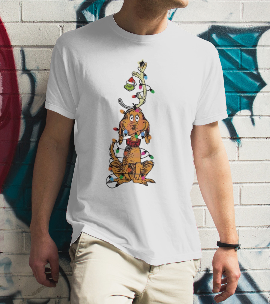 Funny Grinch Christmas Lights With Dog Wrapped In Colorful String Of Lights T-Shirt