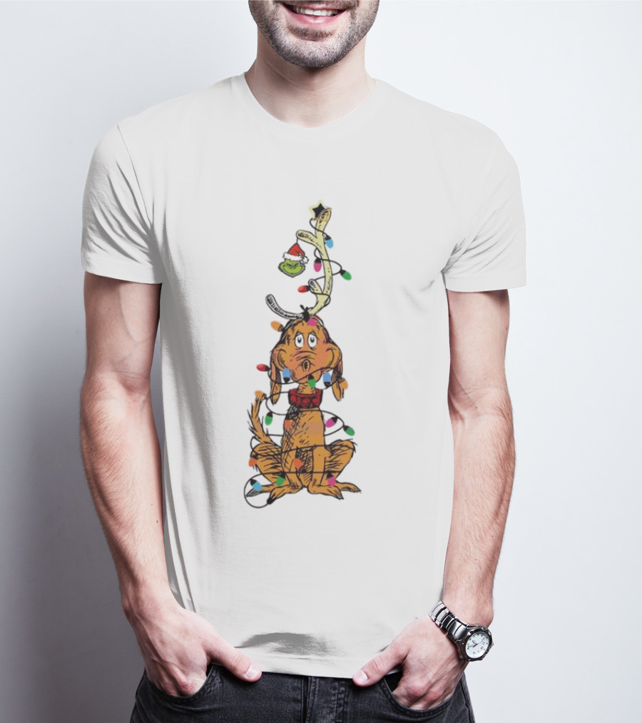 Funny Grinch Christmas Lights With Dog Wrapped In Colorful String Of Lights T-Shirt