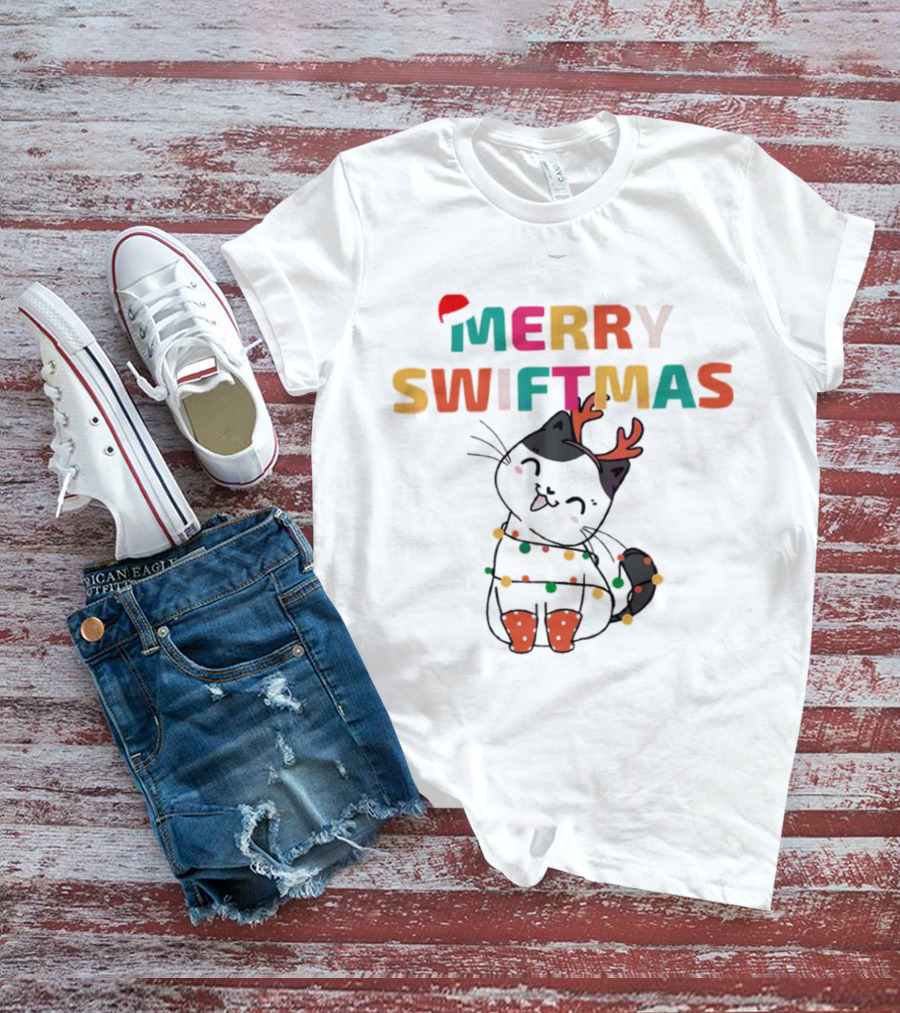 Merry Swiftmas Christmas Cat With Reindeer Antlers And Festive Lights T-Shirt