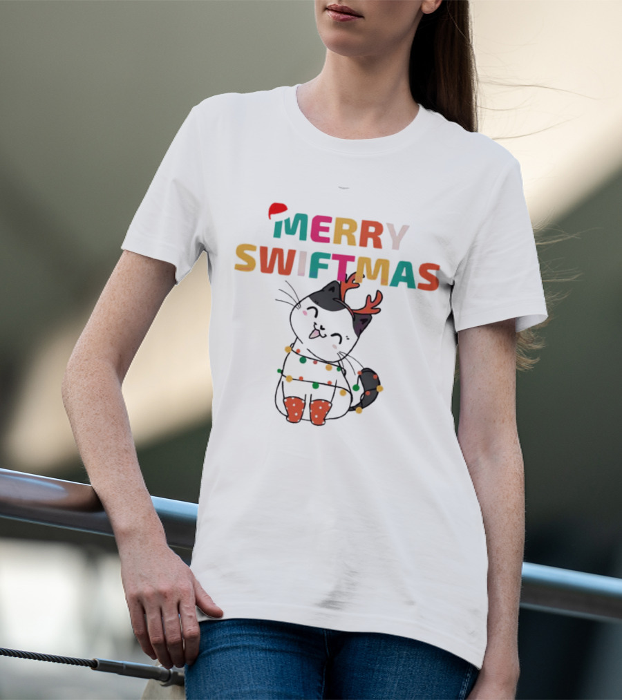 Merry Swiftmas Christmas Cat With Reindeer Antlers And Festive Lights T-Shirt