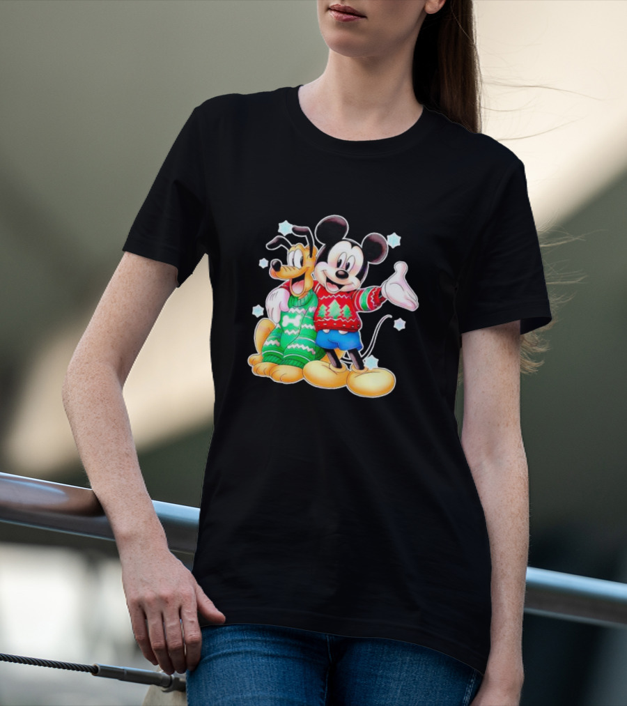 Mickey And Pluto Christmas Sweater Holiday Scene T-Shirt