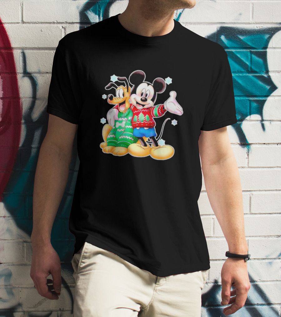 Mickey And Pluto Christmas Sweater Holiday Scene T-Shirt