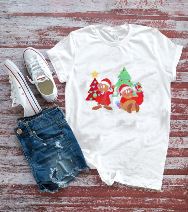 Santa Jaq And Gus With Christmas Lights And Presents By Christmas Tree T-Shirt