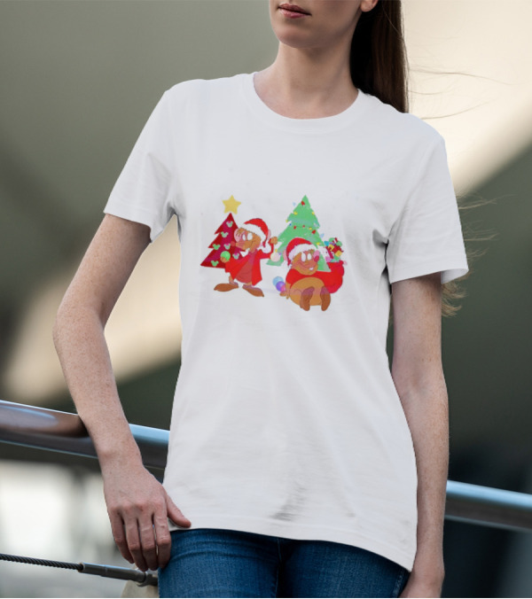 Santa Jaq And Gus With Christmas Lights And Presents By Christmas Tree T-Shirt
