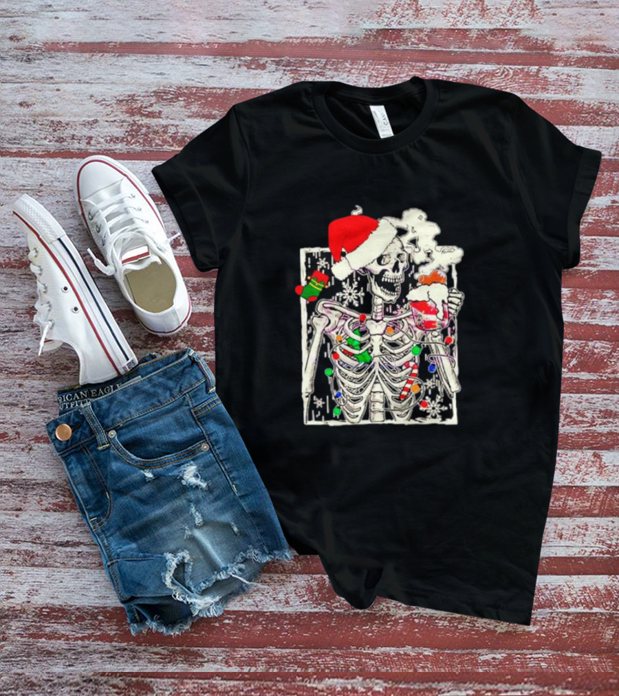 Skeleton Santa Hat Snowflake Christmas Coffee Candy Cane Holiday Scene T-Shirt