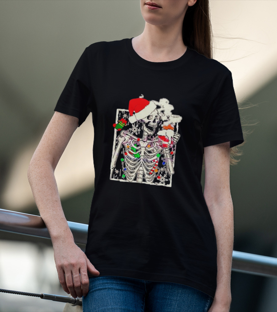Skeleton Santa Hat Snowflake Christmas Coffee Candy Cane Holiday Scene T-Shirt