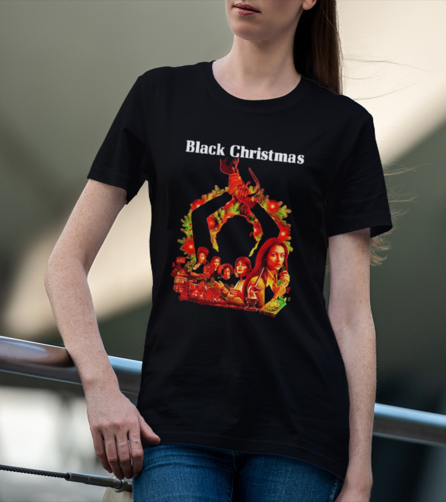 Black Christmas Silent Night Horror Movie Characters Axe Wreath Scene T-Shirt