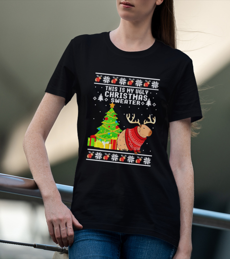 This Is My Ugly Christmas Sweater Capybara Reindeer T-Shirt