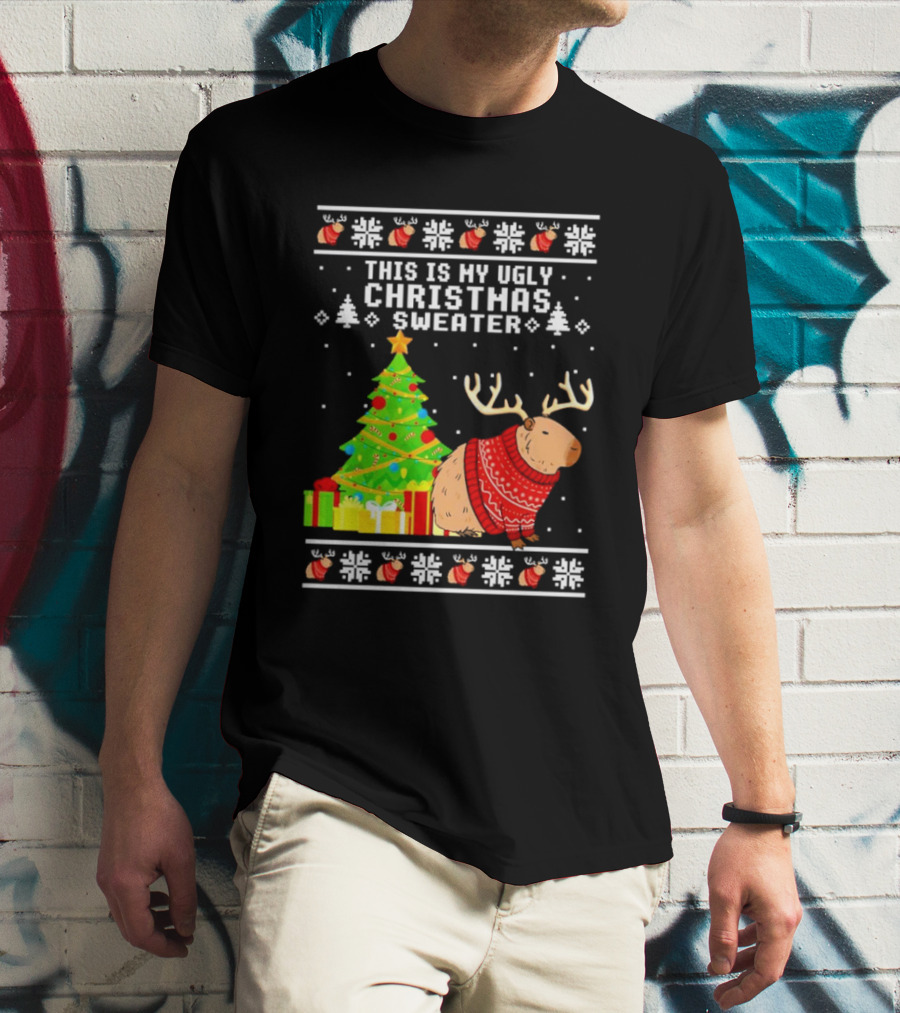 This Is My Ugly Christmas Sweater Capybara Reindeer T-Shirt