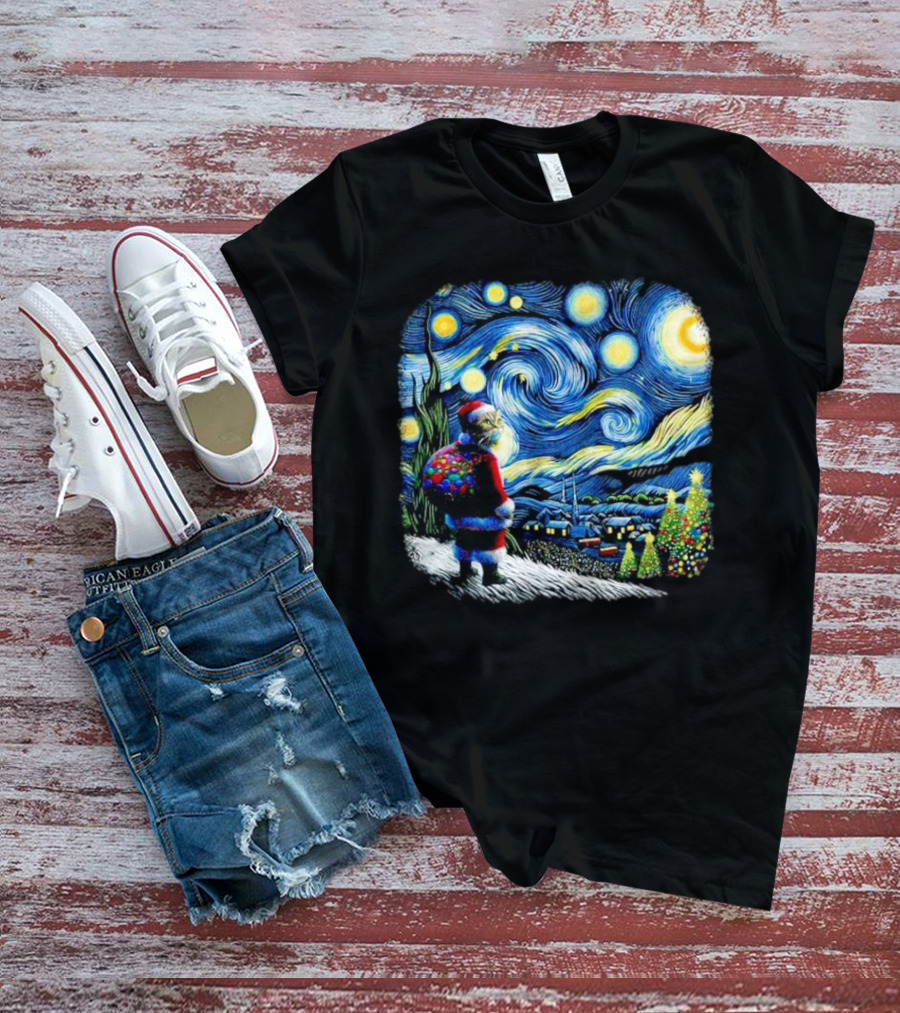 Cat Santa Paws Van Gogh Starry Night Christmas Holiday Scene T-Shirt