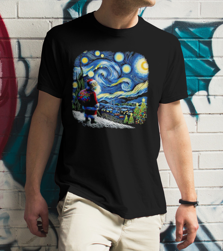 Cat Santa Paws Van Gogh Starry Night Christmas Holiday Scene T-Shirt