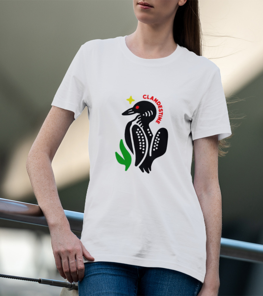 Clandestine Loon Bird With Star And Green Leaf Elements T-Shirt