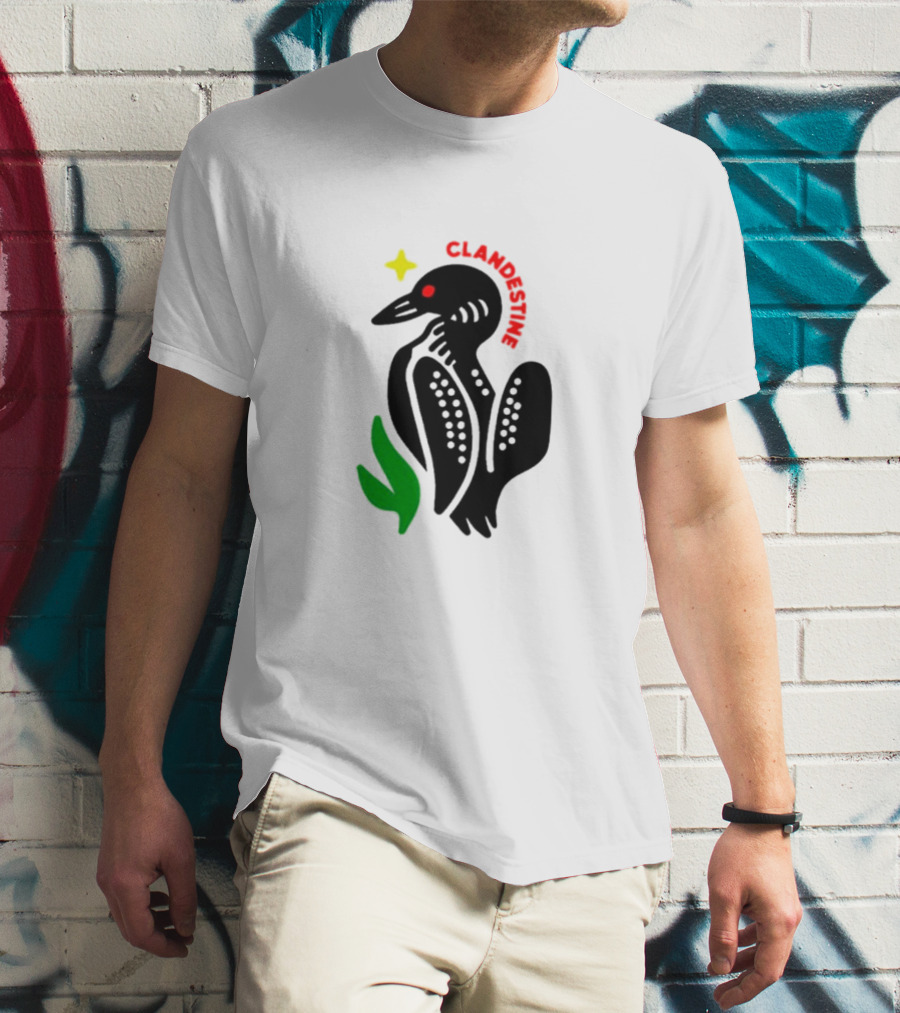 Clandestine Loon Bird With Star And Green Leaf Elements T-Shirt