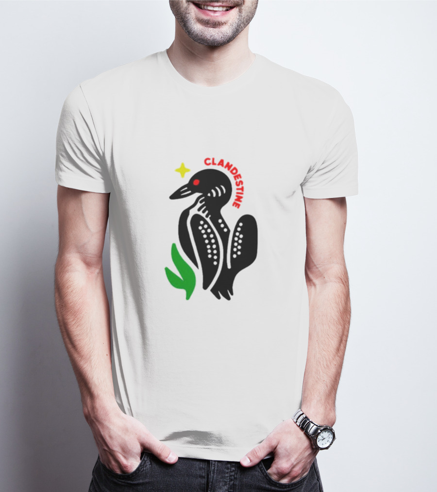 Clandestine Loon Bird With Star And Green Leaf Elements T-Shirt