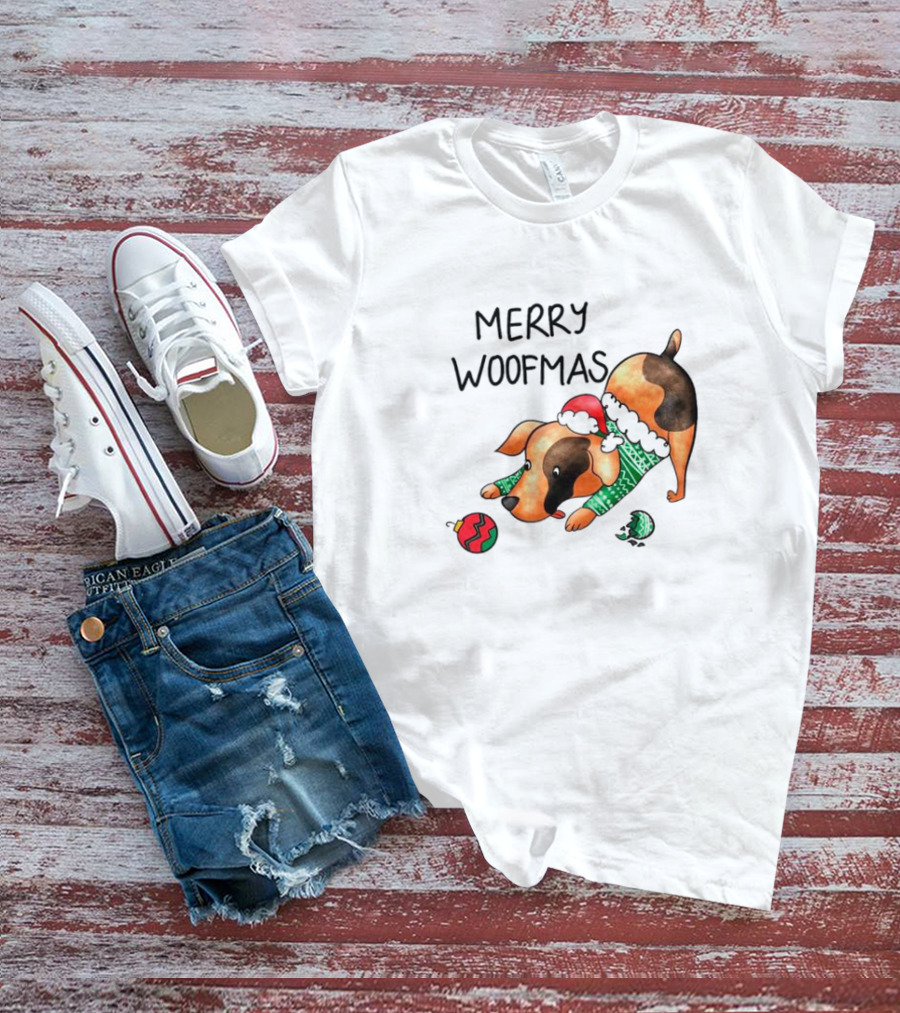 Merry Woofmas Dog In Santa Hat And Sweater With Christmas T-Shirt