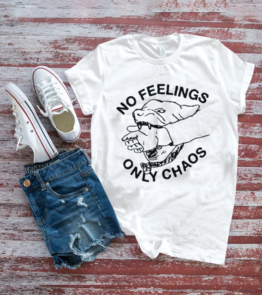No Feelings Only Chaos Hand-Biting Shark Drawing T-Shirt