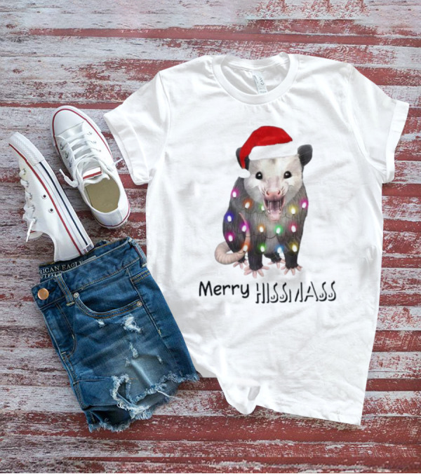 Merry Hissmas Opossum Santa Hat Christmas Lights T-Shirt